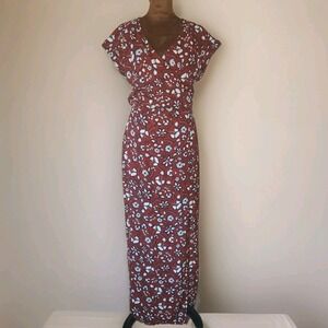 Express Maxi Dress Size S‎ Floral Dark Orange Short Sleeve Side Slit V Neck